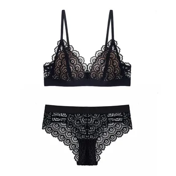 

Sexy Hollow Lace Triangle Cup Bra and Panties Set Wire Free Underwear Women Lingerie Lace Bralette Set