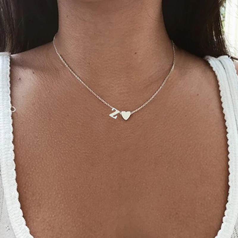 Fashion Tiny Heart Initial Necklace Personalize Letter Name Choker Necklace For Women Alphabet Pendant Jewelry Accessories Gift