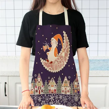 

1PC Christmas Decoration Cotton And Linen Aprons Unisex Dinner Party Cooking Bib Festival Cartoon Print Apron Home Decor