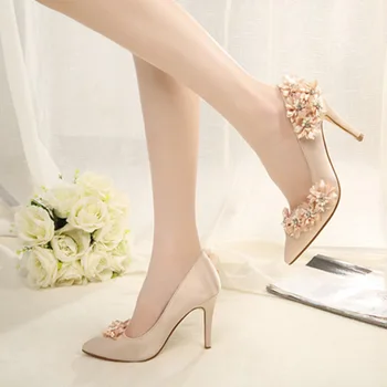 

2019 new flower high-heeled wedding shoes stiletto bridal shoes champagne wedding dress high-heeled pointed bridesmaid shoes