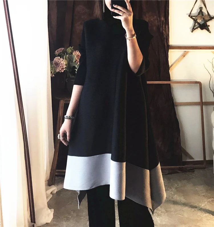 Pleated new early autumn Korean large women's temperament 7-sleeve A-line dress women's medium length