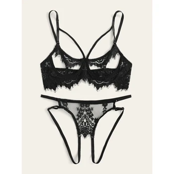 

2PCS Women Push Up Open Cup Bra High waist Open Crotch G-string Set Sexy Lace Floral Bralette Lingerie Sleepwear Gift Sets