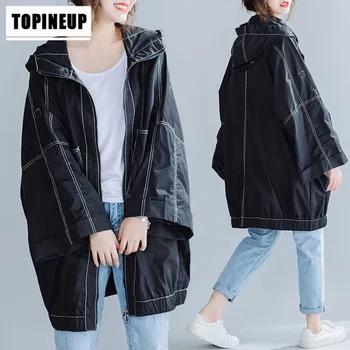 

2019 New Solid Color Casual Korean plus size loose hooded trench coat Autumn Winter Trench Plus Size Simple Women Coats
