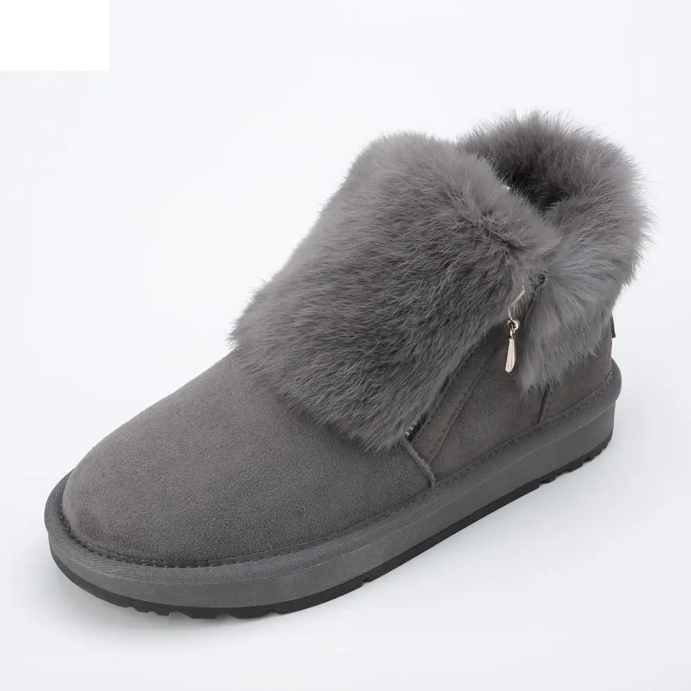 

2019-20 Fashion Cow Suede Leather Real Rabbit Fur Woman Casual Winter Ankle Snow Boots for Women Short Winter Shoes Zipper Style