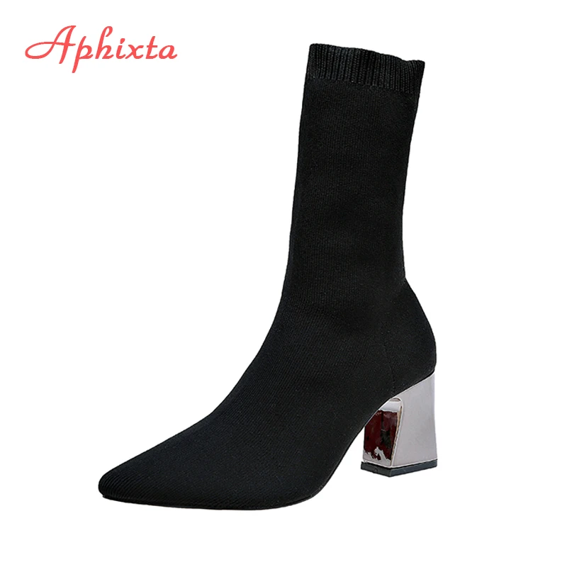 Aphixta de Metal Color 7cm tacones cuadrados calcetines botas y botines botas de las mujeres de gran tamaño 43 Stretch tela elástica señaló botas Zapatos mujer
