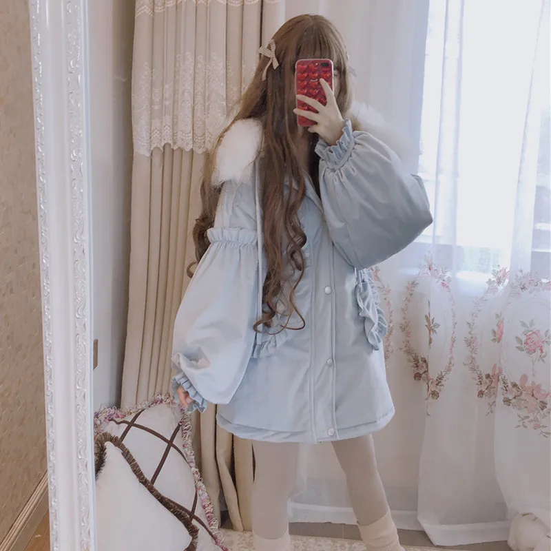 Winter sweet lolita coat quilted thicken fur collar gothic lolita overcoat puff sleeve pockets kawaii girl cotton-padded clothes