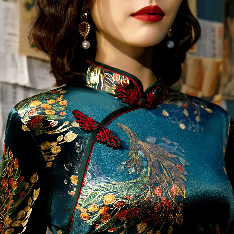 Sheng Coco L-5XL женские осенние бархатные Cheongsam Qipao принт павлинье перо китайское традиционное платье Drak Green