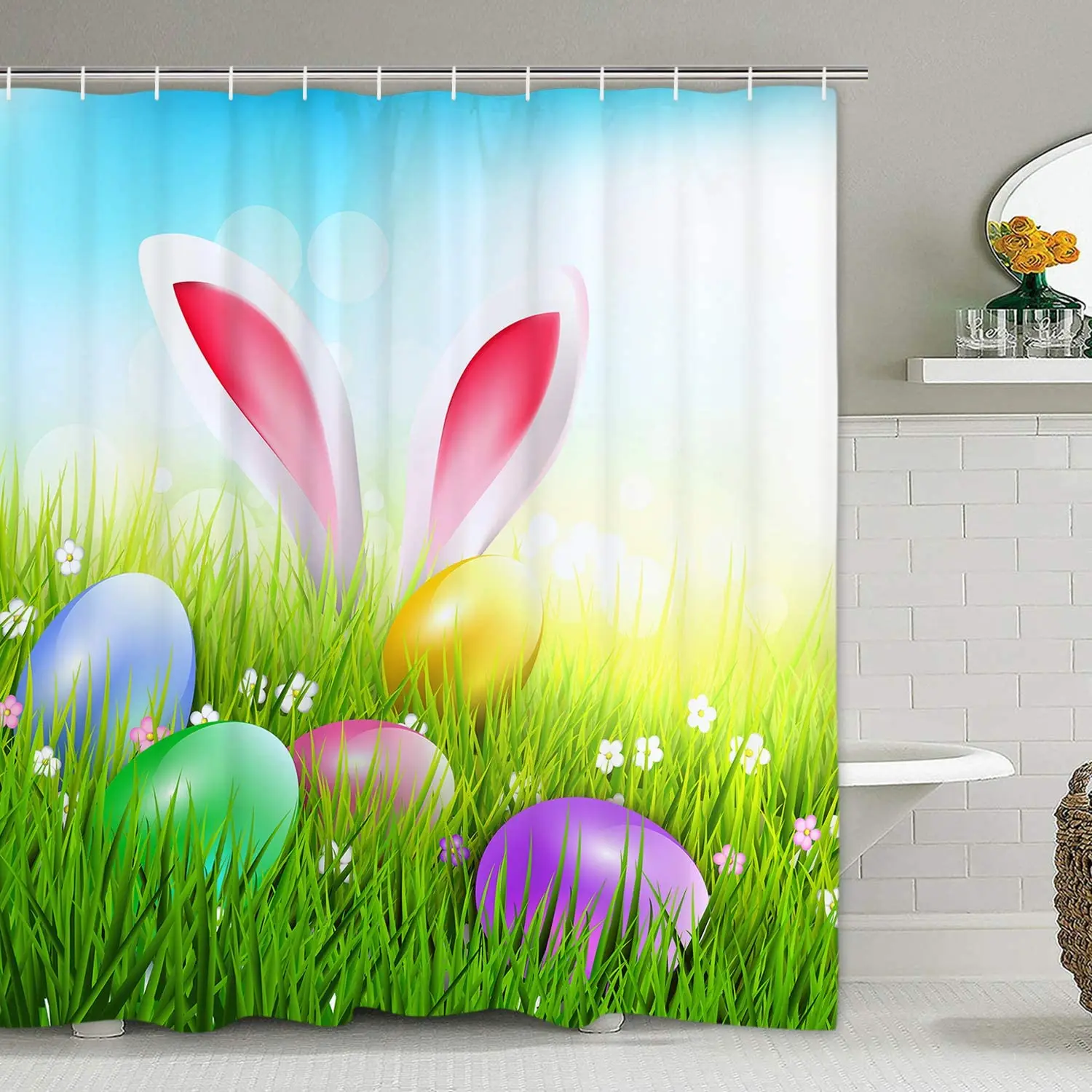 Happy Easter Egg & rabbit Waterproof Polyester Fabric Bathroom Shower Curtain 