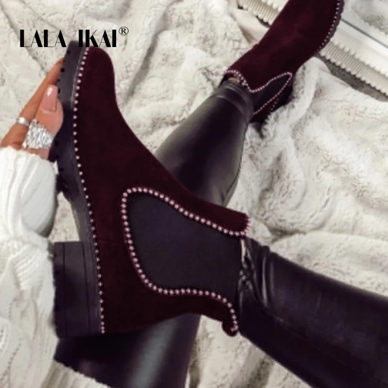 LALA IKAI Ankle Boots Women Winter Outdoor Leopard Flock Warm Shoes Female Mid Heels Casual Slip-On zapatos de mujer XWA9587-4