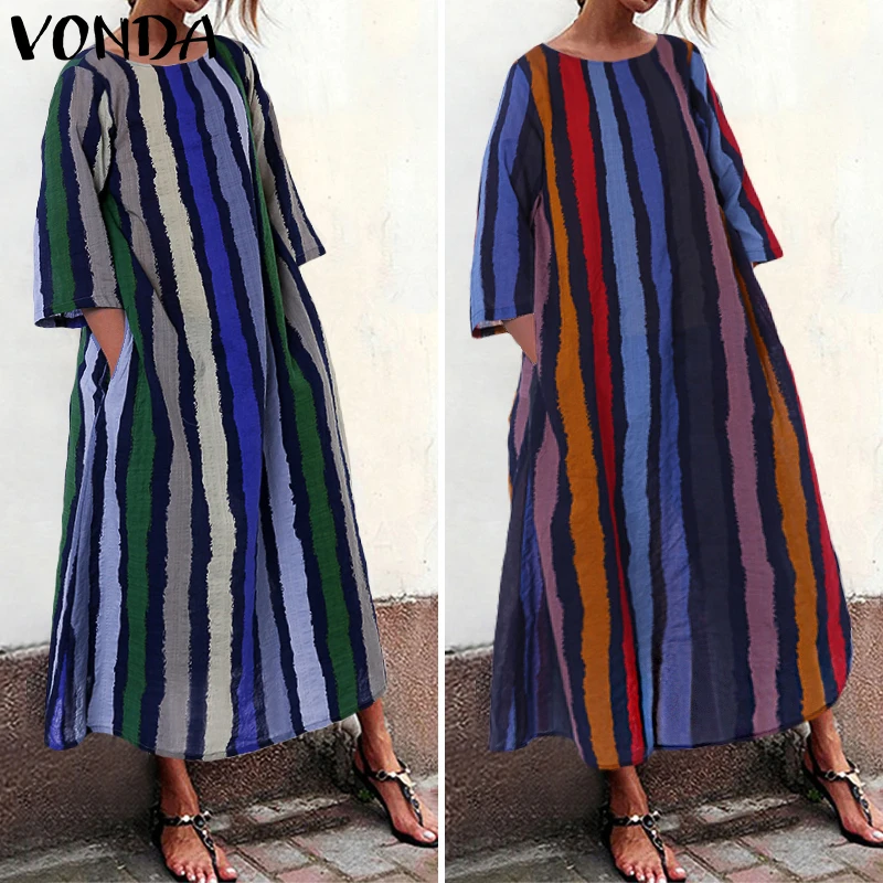 VONDA, женское платье с круглым вырезом, в полоску, с принтом, макси, платья для женщин, винтажные, богемные, вечерние, длинные, Vestido размера плюс, Robe Femme S-5XL