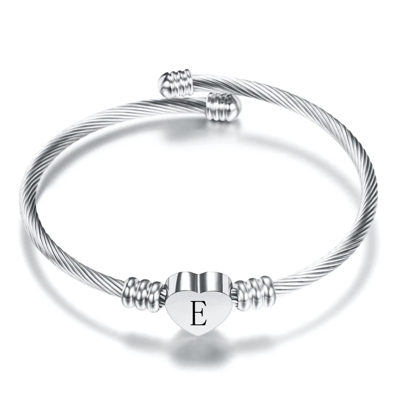 Adjustable Gold Silver Stainless Steel Heart Bracelet Bangle With Letter Fashion Initial Alphabet Charms Bracelets For Women A30