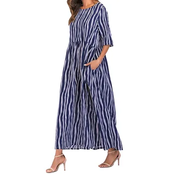 

WoMen Fashion Striped Crew Neck VogueLoose Kaftan Long Dress Dresses Women Nice Denim Sundress Gown For Lady Glitter Dress