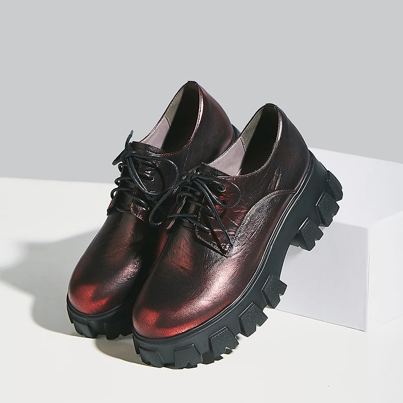 Women's genuine leather thick sole platform flats lace-up oxfords leisure punk female soft comfortable brogues student shoes hot
