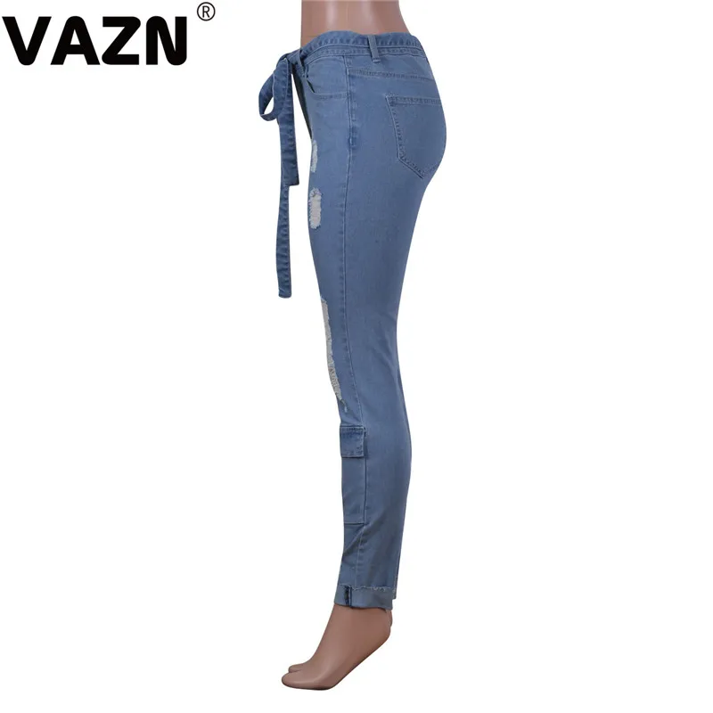 VAZN NK0162 Новые Большие размеры юные обычные синие джинсы сексуальные модные рваные модные однотонные эластичные кружевные женские длинные узкие брюки
