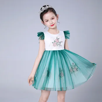 

Girls Dresses 2020 Flower Embroidery Girls Birthday Wedding Party Dress For Girls Flying Sleeve Mesh Banquet Princess Dress