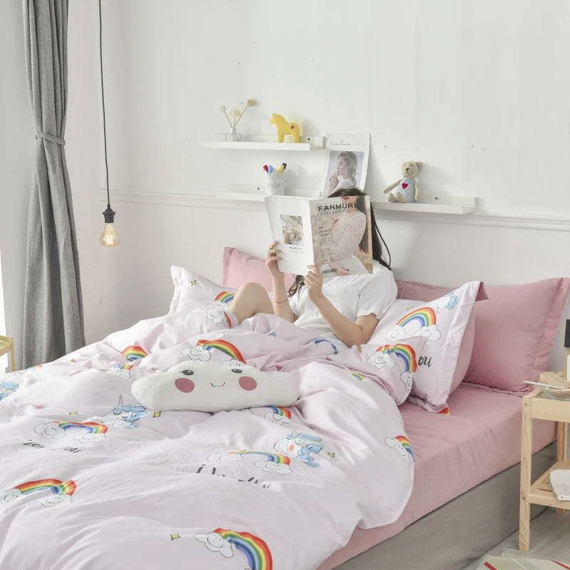 Little Fresh Style Washed Cotton 4pcs Duvet Cover Bed Sheet Pillowcase Rainbow Horse Butterfly Flowers Leaves Full Queen King