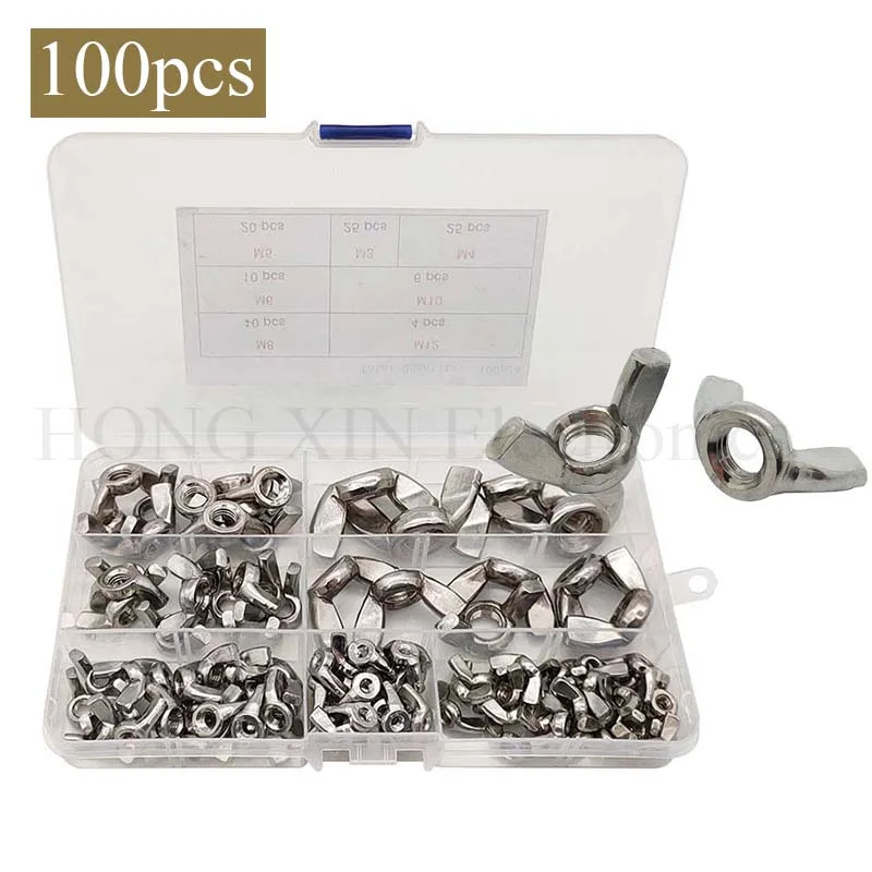

100pcs Wing Nut Assortment kit 304Stainless Steel Butterfly Screw Cap Hand Nut Locking Wingnuts Fastener Tool M3M4M5M6M8M10M12