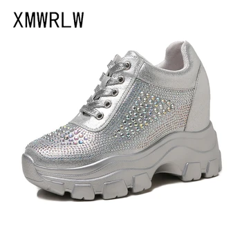 

XMWRLW Women Chunky Sneakers Split Leather Rhinestone Fashion Sneakers For Women Platform Shoes Hidden Heel Woman Sneaker Shoes