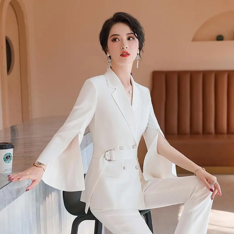Blazer Pants Set Two Piece Formal Suits Buttons Nine Office Women's  Pantsuit White Pink Black Business Suit Women Blazer Set - AliExpress