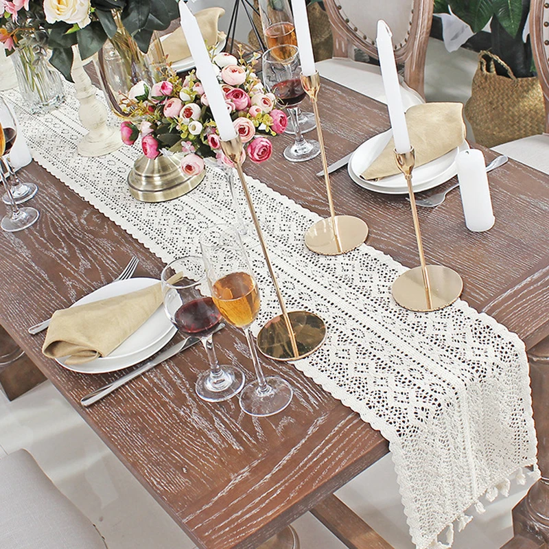 Lace Table Runner Crochet Wedding-Decor Beige Nordic Hollow Tassels Romance 100%Cotton