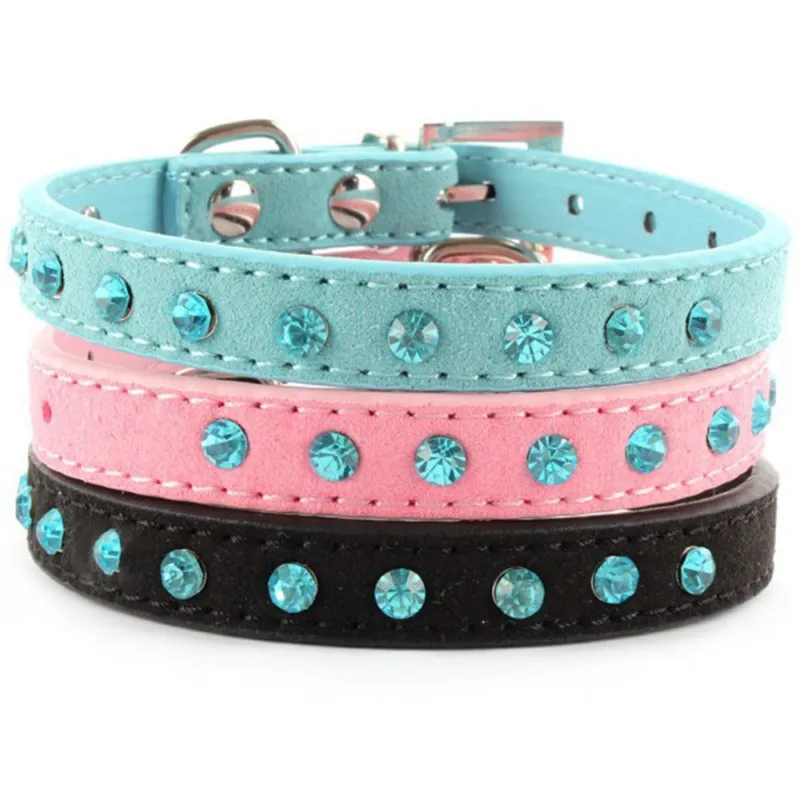 

New Adjustable Small Pet Dog Velvet PU Leather Collar Puppy Cat Crystal Rhinestone Neck Strap Decoration