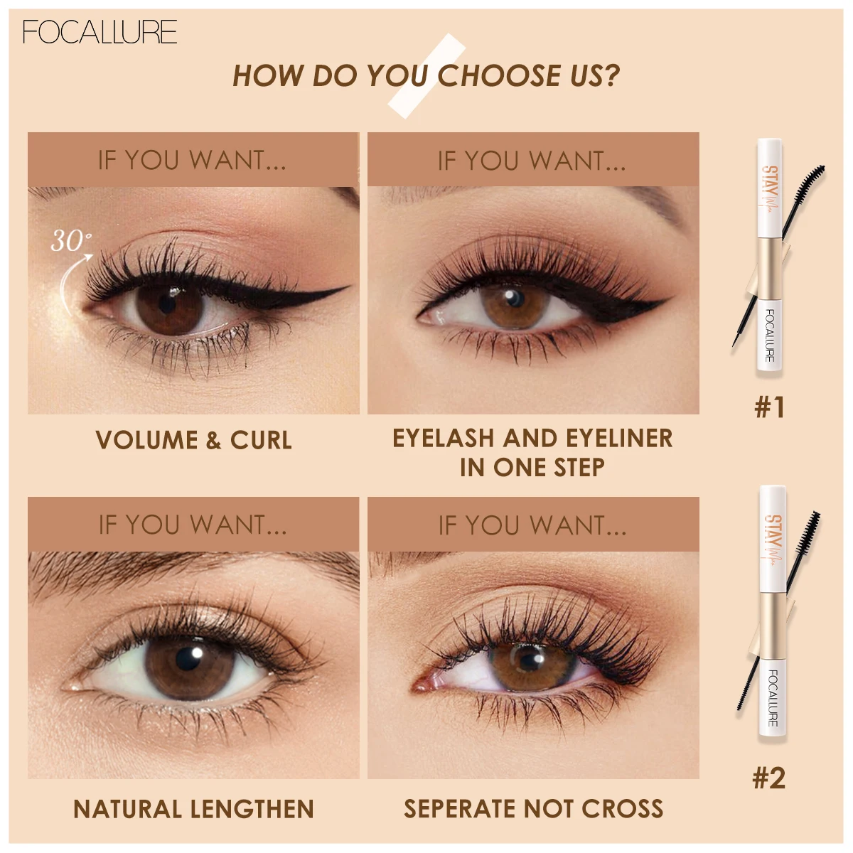 FOCALLURE Waterproof 2 In 1 Black Mascara Eyeliner 3D Fiber Natural Eyelash Growth Enhancer Lengthening Thicker Eye Lash Primer