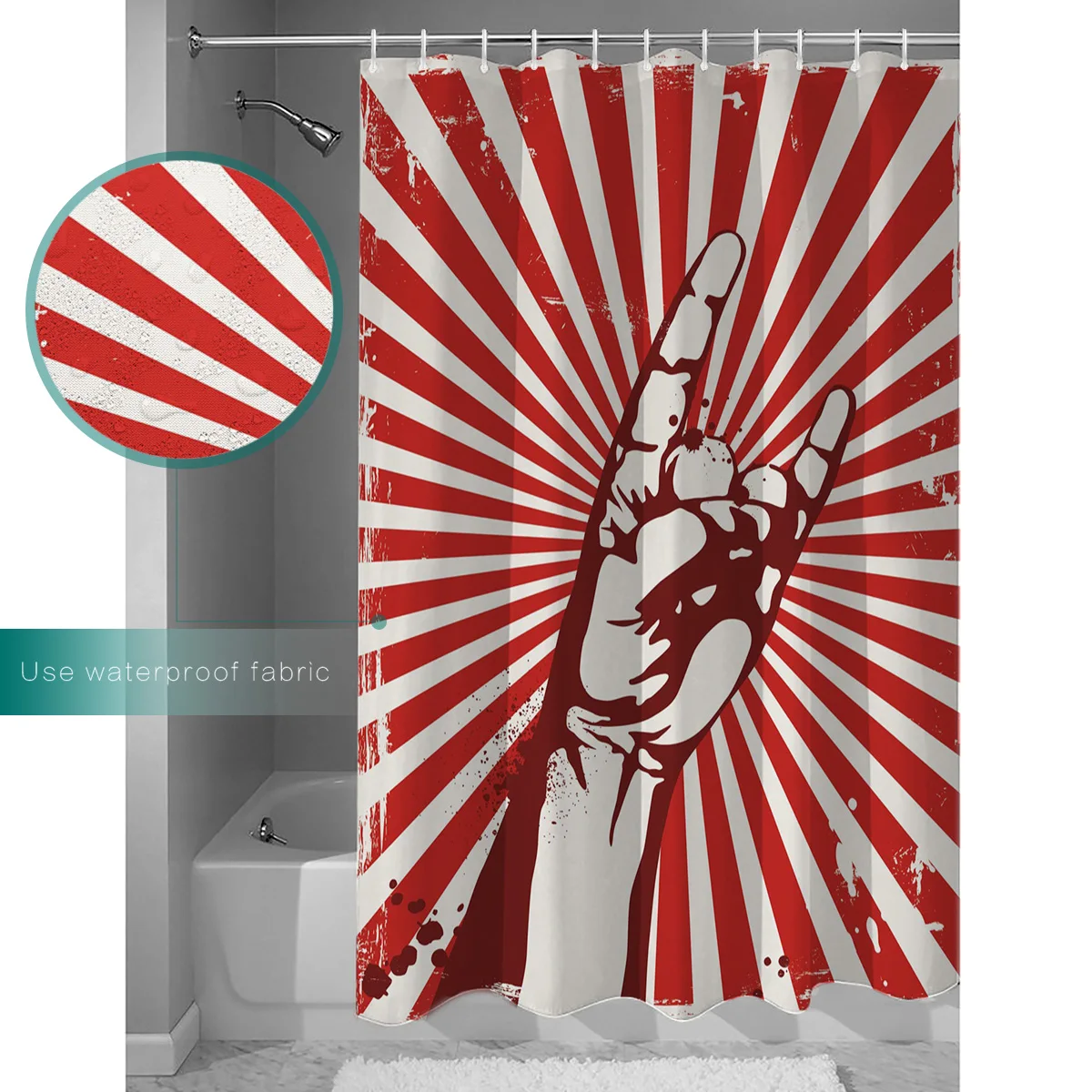 Gesture Arm Red Hand Striped Finger Gesture Rock Retro Devil Caucasian Cultural Symbol Shower Curtain Bathroom Decor