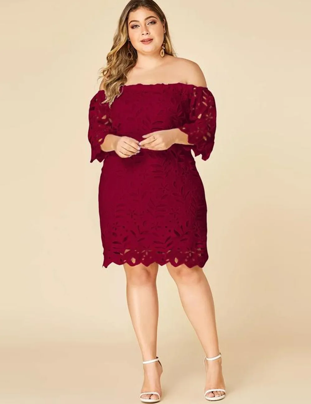 

Women Plus Size Midi Dress Party Wedding Summer Hollow Out Lace Off Shoulder Dress Backless Elegant Large Size Lady Dresses