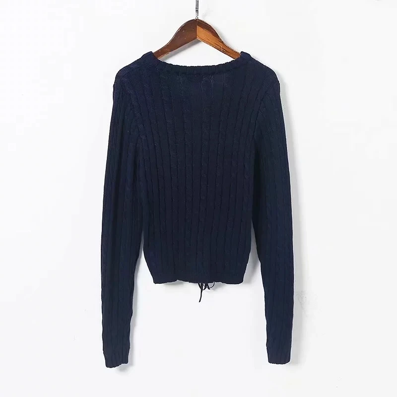 Women V Neck Drawstring Cable Knit Jumper Crop Knit Pullover