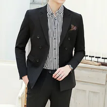 Terno de três peças para homem de oimg, terno de fato preto duplo breasted casual de negócios, estilo coreano magro jovem terno