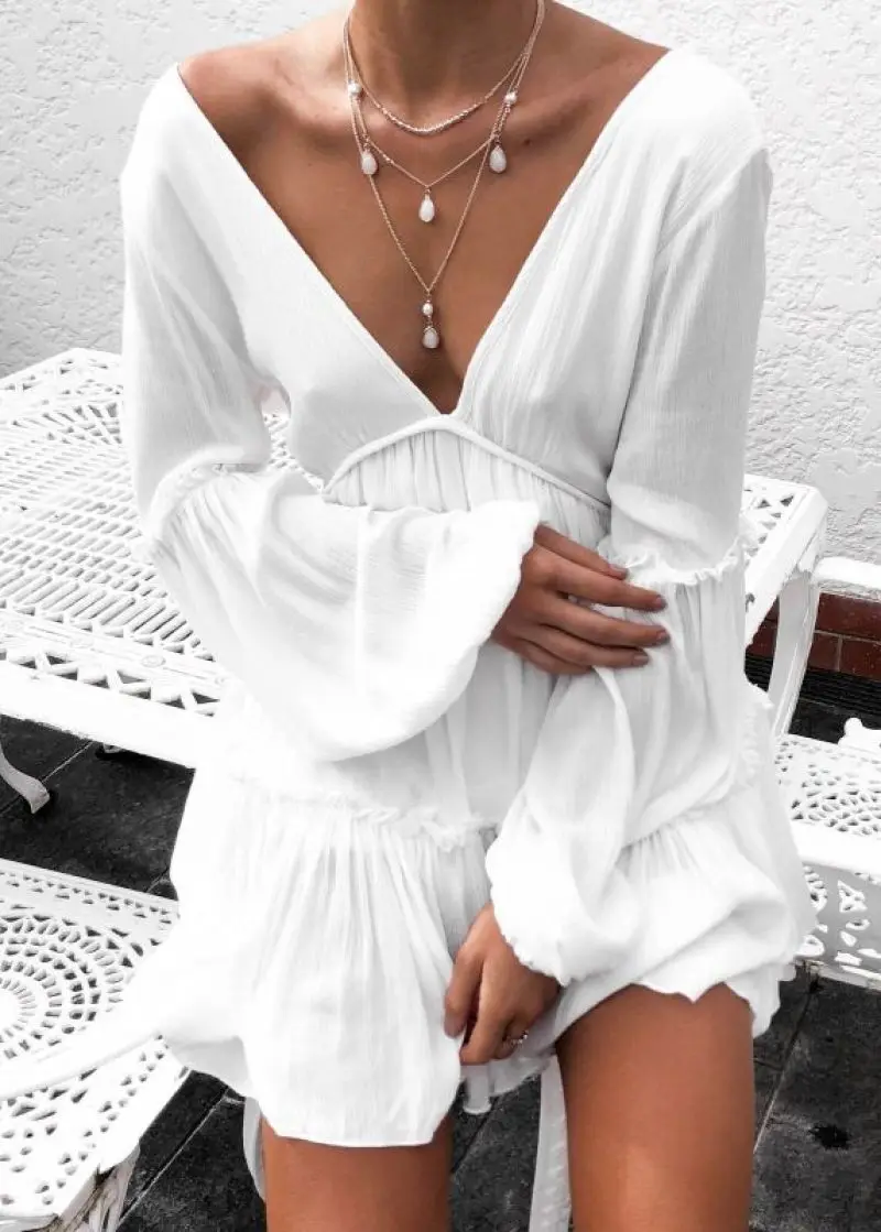 

Spring Women Deep V Neck Backless Loose Long Sleeve Ruffles wrap White Dresses Female Solid Elegant party Mini Dress 2020