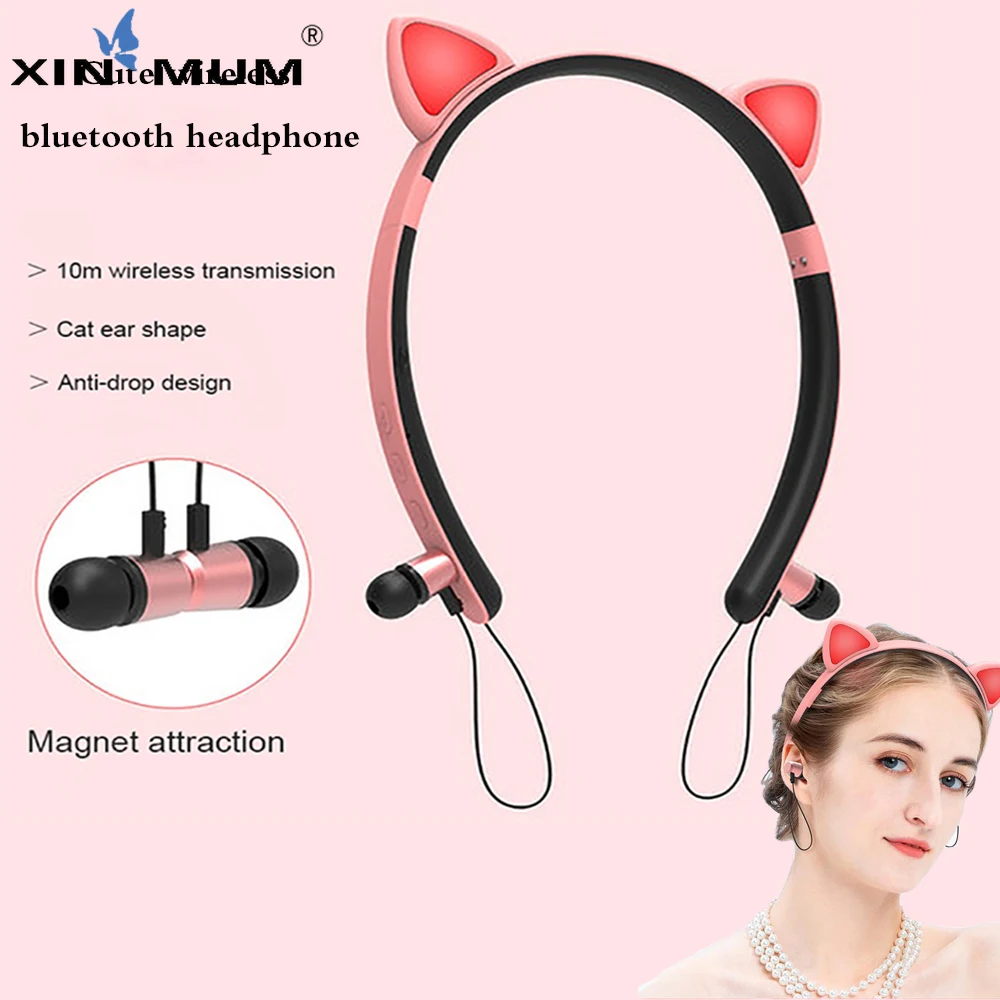 LED Glowing Cartoon Girl Headband Cat Ear Bluetooth Headphones Stereo True Wireless Headset with Microphone for Iphone Phones