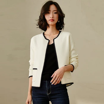 

Cardigan Women Open Stitch 54% Polyester Blend Knitted V Neck Pockets 2 Colors Vintage Casual Style Classic Design New Fashion