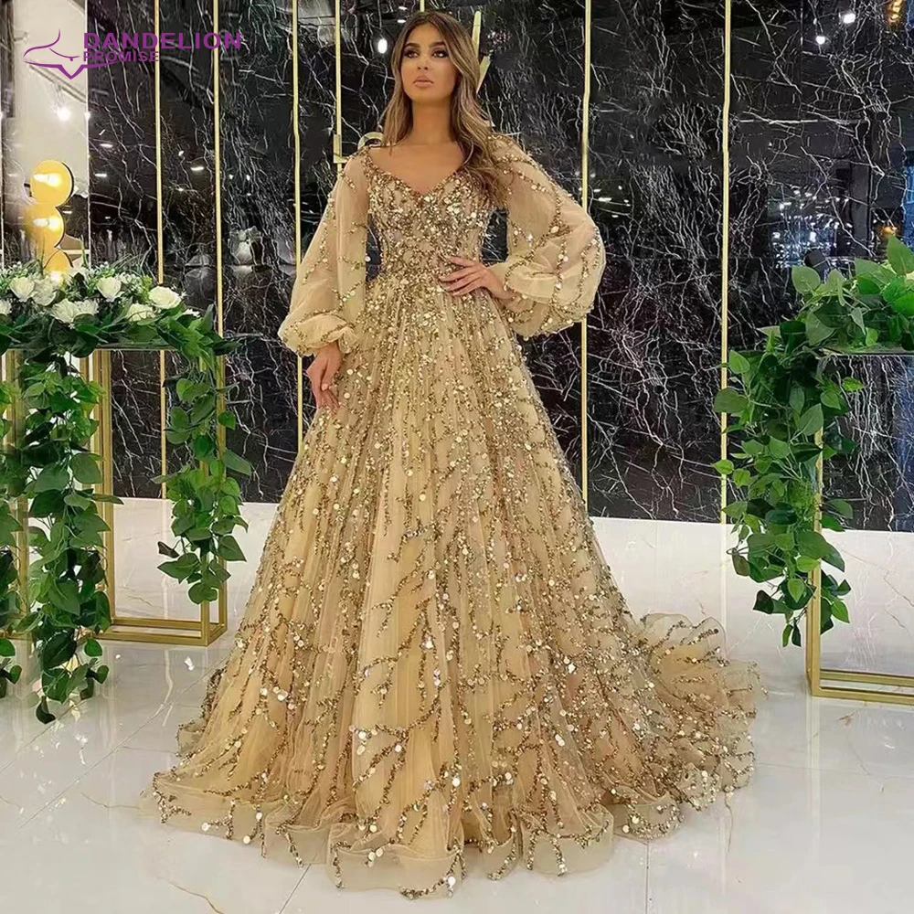 plus size formal dress Muslim Gold Luxury A-Line Evening Dreses Gowns 2021 Puff Sleeves Beading Sexy Formal Woman Party evening wear dresses