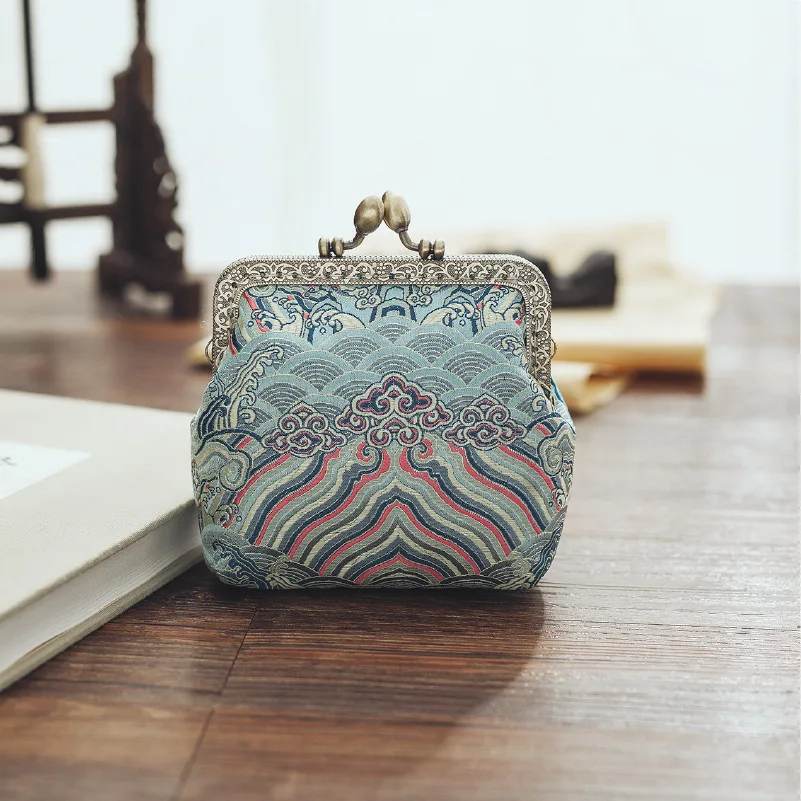 Chinese style Coin Purse Women Lady Retro Vintage Silk Brocade Small Wallet Hasp Printing sea wave Clutch Bag Good Gift