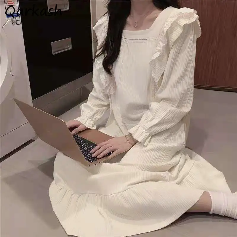 

Ночные рубашки для женщин, милые модные новые свободные универсальные белые однотонные простые женские мягкие ночные рубашки принцессы до середины икры