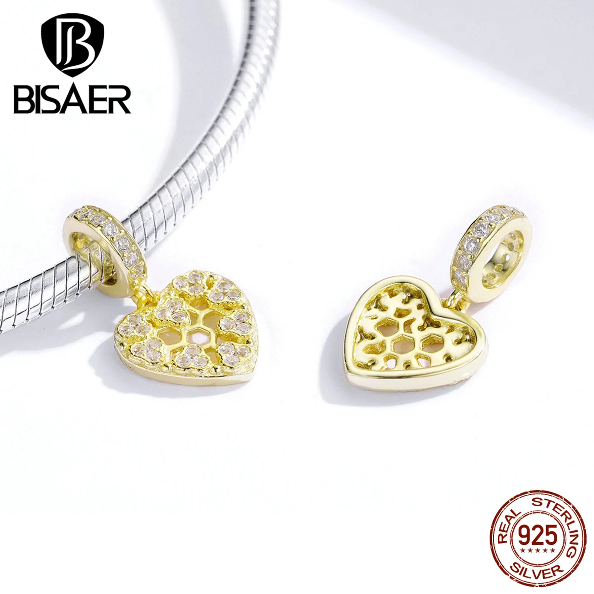 Любовь Соты Форма кулон BISAER 925 пробы серебро желтый кубический циркон сердце серебряные бусины шармы; аксессуары DIY ECC1410