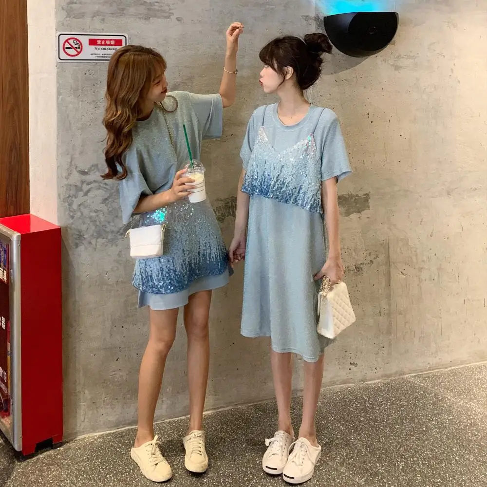 

Loose-Fit Western Style Mermaid Ji Flashing Gradient Sequin T-shirt Skirt-Style Set