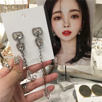 

MENGJIQIAO Korean New Asymmetric Sqaure Crystal Tassel Long Drop Earrings For Women Students Elegant Party Brincos Jewelry Gifts