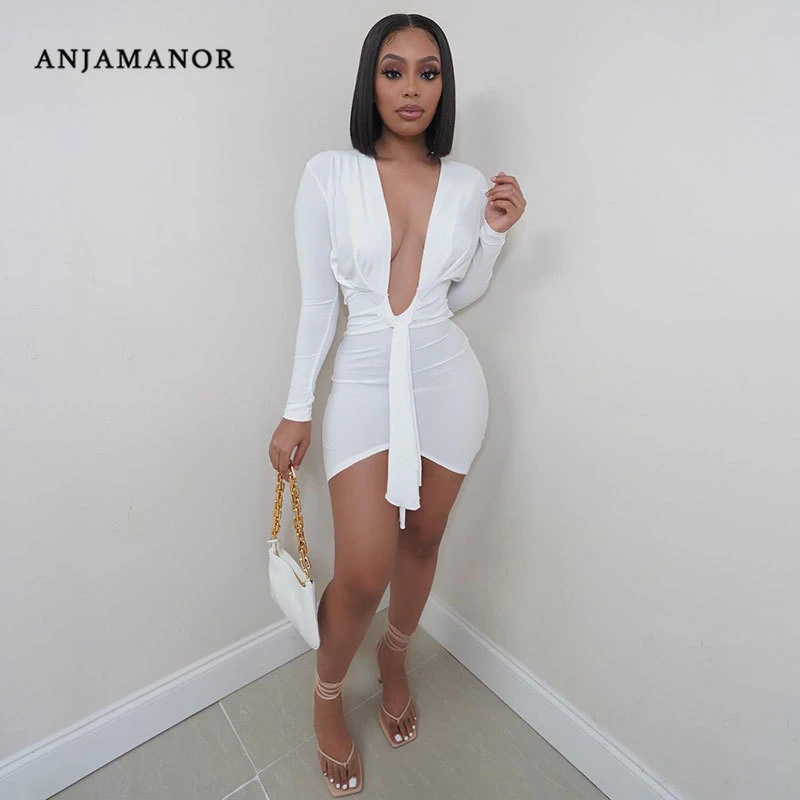 ANJAMANOR Sexy Deep V Neck Long Sleeve Dresses for Women 2021 Black White Bodycon Mini Dress Night Club Outfits D21-CE22 satin dress