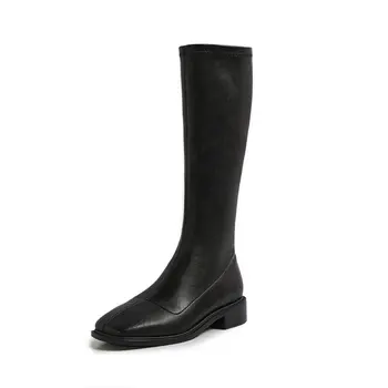 

Cow Leather Female Riding Boots Women low Heels Knee High Boots Zipper Dancing casual Shoes Woman Plus Size 41 42 43