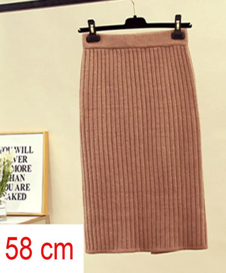 Осенне-зимние вязаные женские юбки с высокой талией, теплые женские юбки в рубчик, Женские винтажные офисные юбки, Повседневная простая юбка-карандаш - Цвет: Khaki 58cm