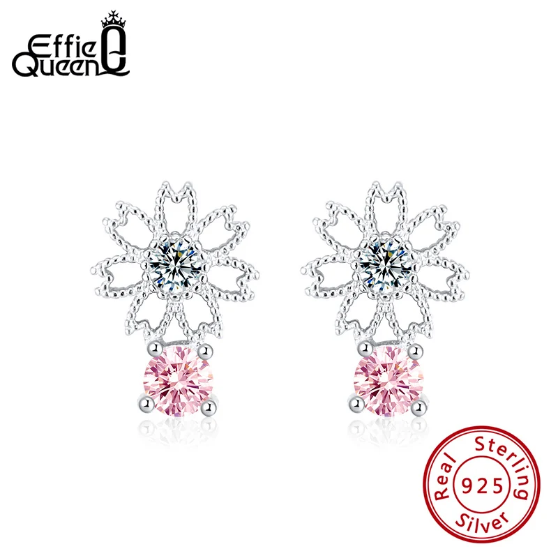 Effie queen AAAA циркониевые 925 пробы серебряные серьги-гвоздики с формой цветка сверкающие серьги с красным кристаллом ювелирные изделия подарок BE194