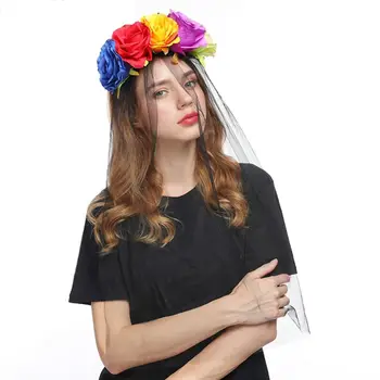 

Womens Halloween Costume Headband Artificial Rose Flowers Crown Tulle Veil Garland Party Wedding Festival Photo Props Wreath