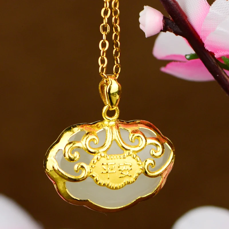 

Gold-plated Baby Golden Long Life Lock Pendant Jade Zodiac Pendant Buddha Gong Necklace