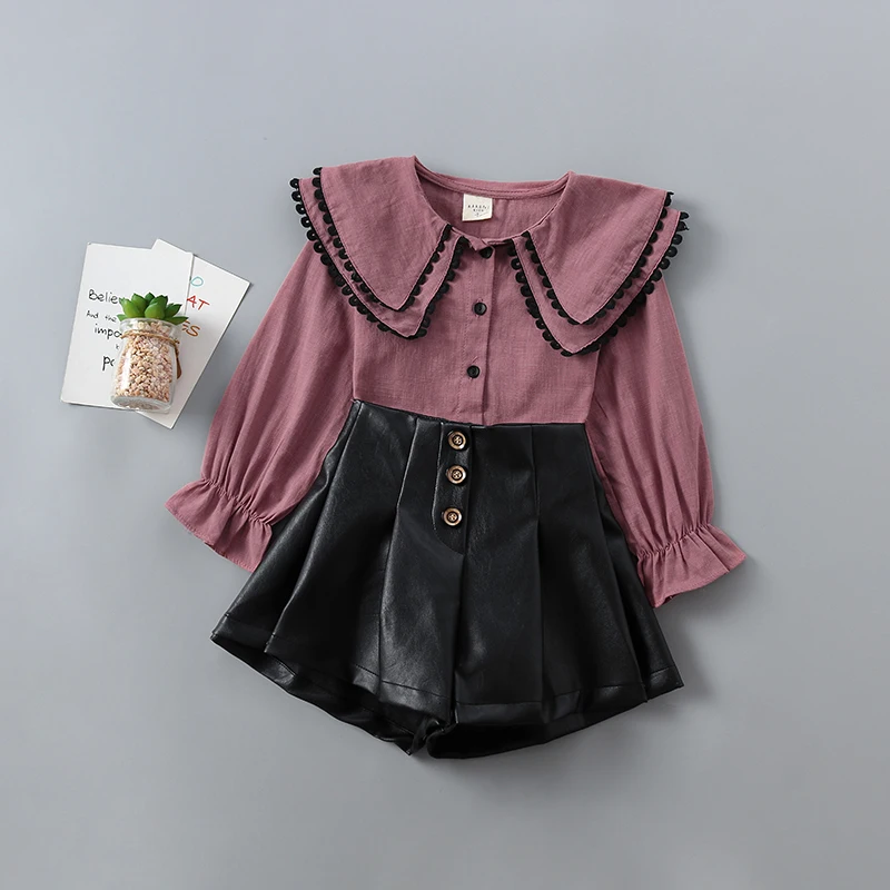 Anos de Alta Conjunto de Roupas da Menina Camisa + Calça de Couro Roupas para Meninas Qualidade Nova Primavera Outono Moda Sólidos Miúdo Crianças 2-7 2020 4 Mamãe e Bebê