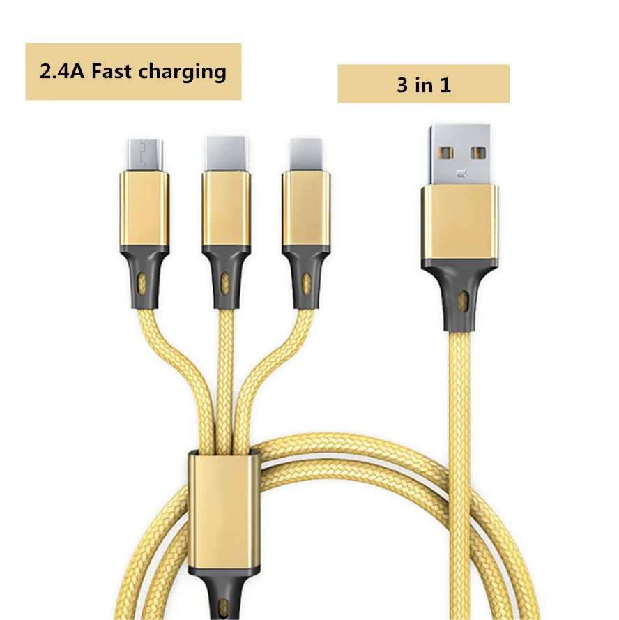 

2PCS Data Line 3 in 1 cable For Android iphone 2.4A Mobile Phone Multi-function USB One Dragging Three Fast Data Charge Cable