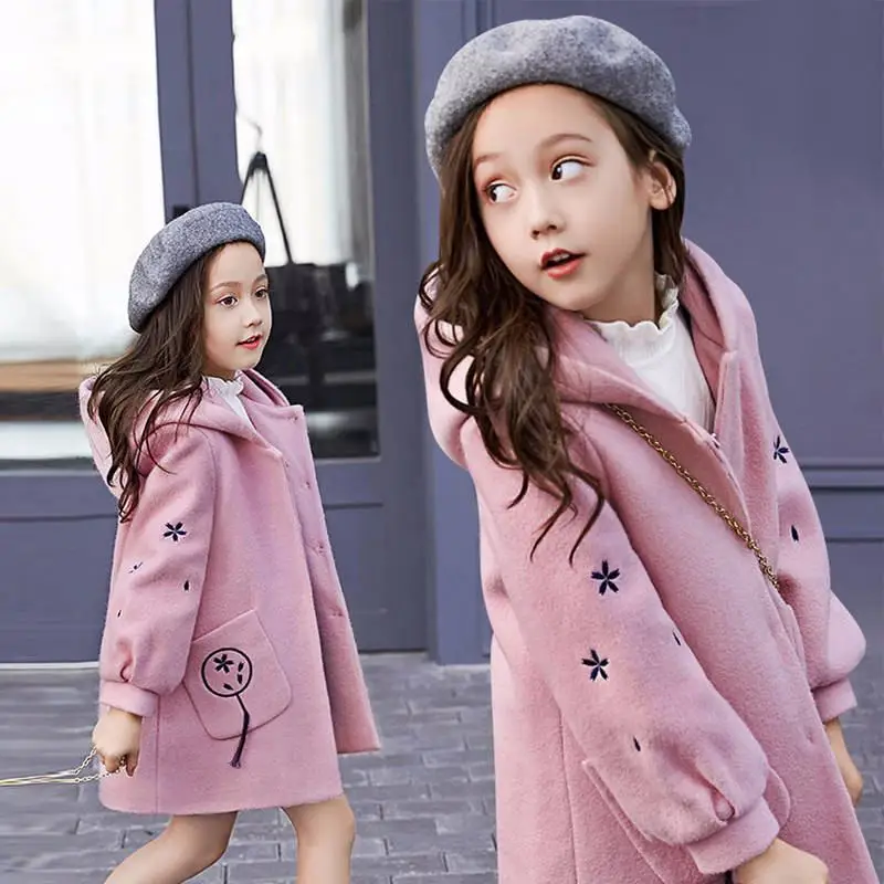 

2019 Autumn Winter New Kids Girls Hooded Embroidery Clothing Children Thick Warm Woolen Coat Jacket Teenage Tassel Outwear W156