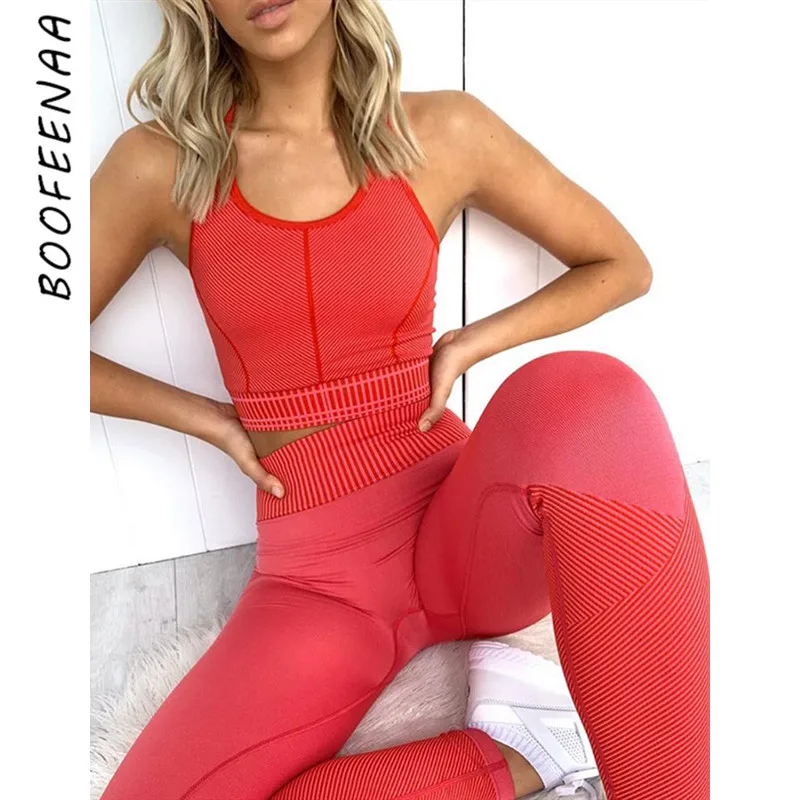 BOOFEENAA красные вязаные бесшовные спортивные костюмы женская одежда сексуальный