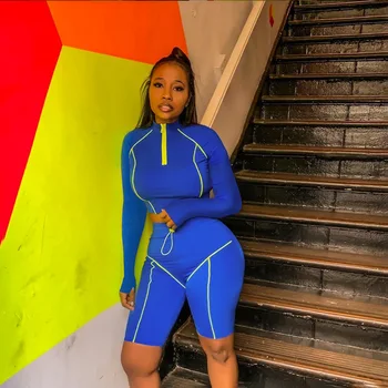 

Neon Striped Zipper 2 Piece Tracksuits Sporty Casual Matching Sets Women Long Sleeve Crop Top and Biker Shorts Set Sweatsuit